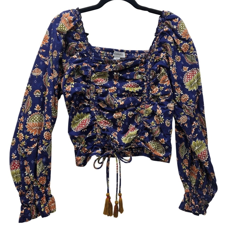 Calligraphie Navy Blue Floral Pineapple Ruched Crop Top Tassel Tie Womens Medium